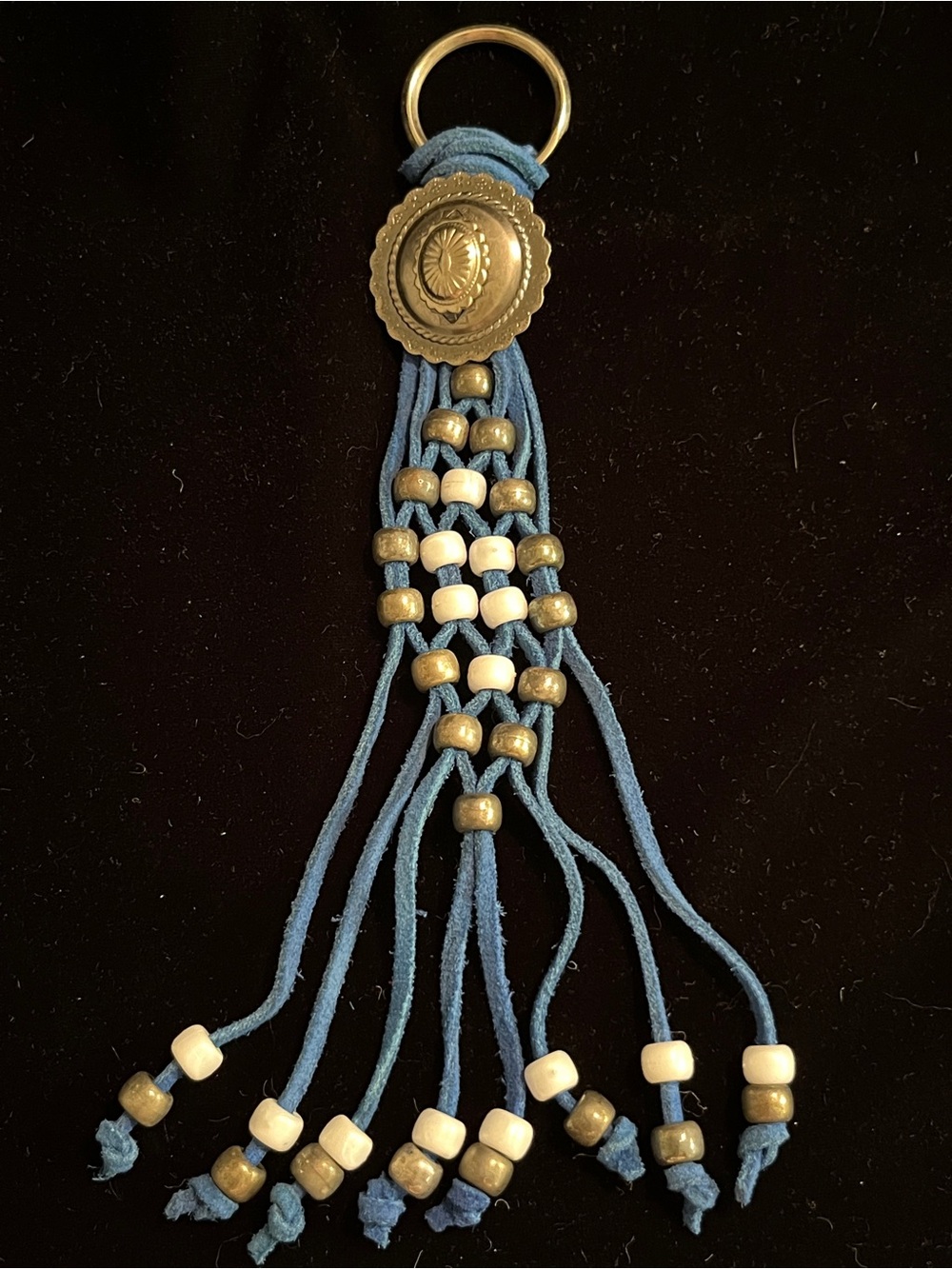 Beaded Cowboy Western Keychain With Silver Concho & Suede Tassels Indian Blue